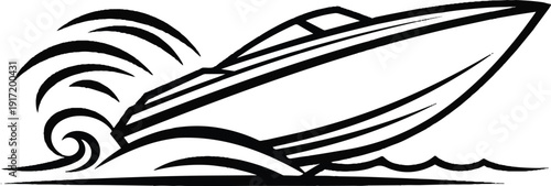 Black and white illustration of a speedboat cutting through waves, symbolizing speed and water travel