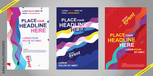Set of abstract sport event posters with colorful geometric waves and halftone patterns for competition flyer and athletic championship design.