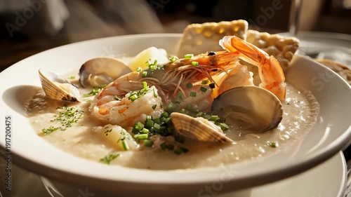Seafood soup composition shrimp clams crackers in a white bowl
