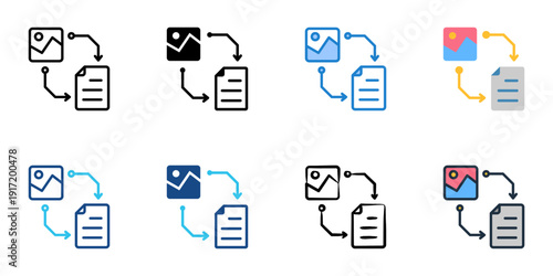 AI Image to Text icons set multiple style collection. Editable stroke 

