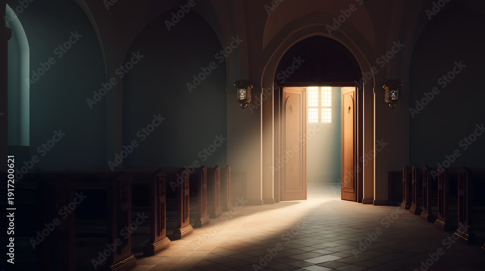 Fototapeta premium A serene and peaceful interior of an old building with an open door leading to a bright and vibrant space Easter Day