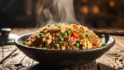 Steaming rice dish in a bowl on wooden surface close up