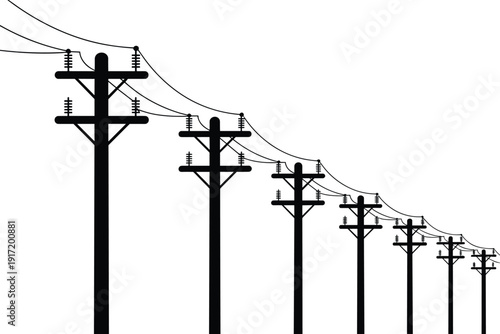 Black and white utility poles with power lines in perspective