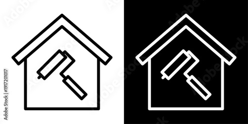 Modern renovation icon in outline style featuring house with paint roller. Clean minimal symbol for home improvement, remodeling and construction UI design.