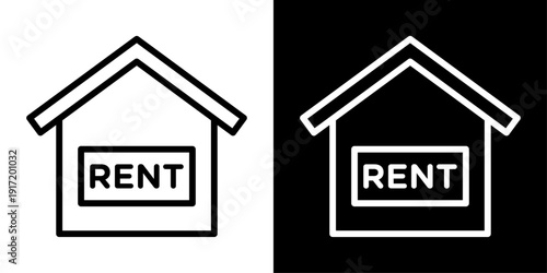 Modern rental home icon in outline style featuring house with rent sign. Clean minimal symbol for property leasing, real estate market and UI design.