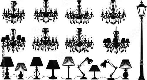 Collection of chandelier, table lamp, and street lamp silhouettes showcasing diverse lighting fixture styles for interior design, architecture, and decorative concept visuals.