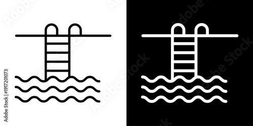 Swimming pool icon in outline style featuring ladder and water waves. Ideal for hotel amenities, villa property listings and leisure UI design.