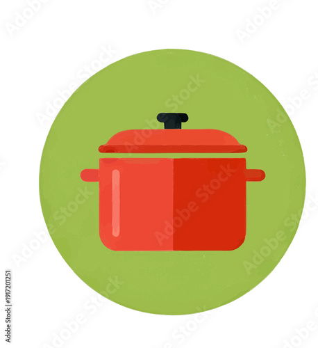 Red Cooking Pot Icon with Lid on Green Circular Background, Flat Vector Illustration Style.