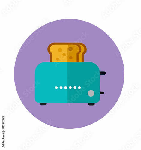 Flat Illustration of a Cyan Toaster with Two Slices of Bread on Purple Circle Background.
