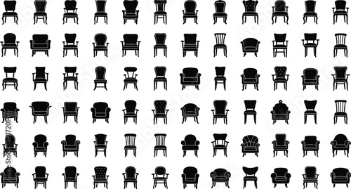 Collection of diverse chair silhouettes in grid layout showing various furniture designs, backrest styles, and armrest configurations for interior design, art, and creative resources