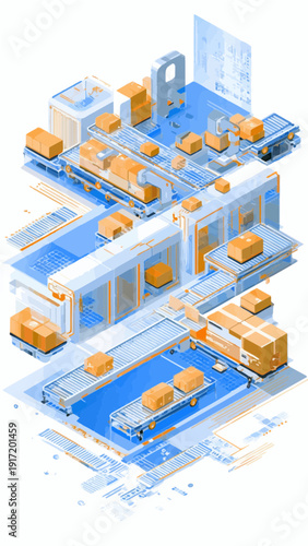 Automated Smart Warehouse System with Robotic Arms and Conveyor Belts in Isometric Style.