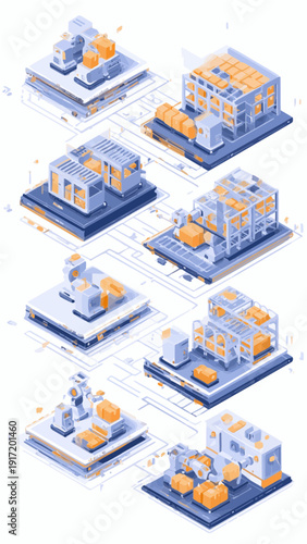 Automated Smart Warehouse System with Robotic Arms and Conveyor Belts in Isometric Style.