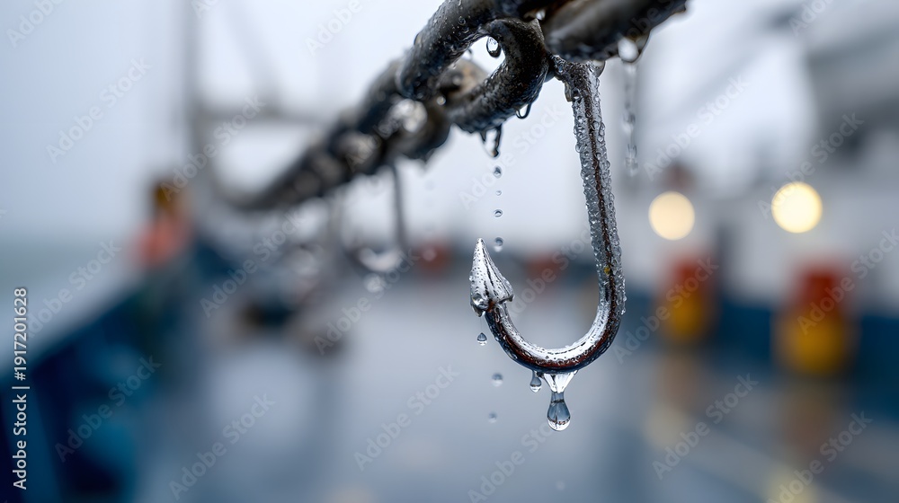 Fototapeta premium Close-up of fishing hooks with water droplets, reflecting a blurred background of a boat deck.