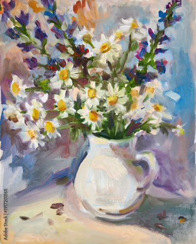 Wildflowers in a white jug. Oil painting on canvas.