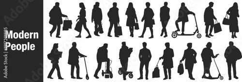 Black silhouette vector illustration of modern people in everyday urban activities, walking, standing, using mobile phones, carrying bags, riding scooters, lifestyle design concept