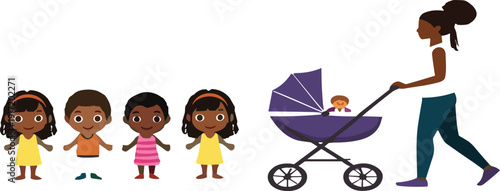 African Family Characters Collection with Mother Pushing Baby Stroller and Cute Children Cartoon Vector Illustration