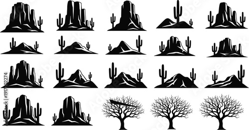 Collection of desert landscape silhouette illustrations featuring cactus, barren trees, mesas, and rocky formations, perfect for decorative design, nature themes, and educational vector art