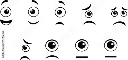 Cartoon facial expression collection with cute eyes and mouth emotion emoji vector illustration set isolated