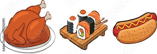 Cartoon food collection roasted chicken sushi rolls and hotdog vector illustration fast food design set