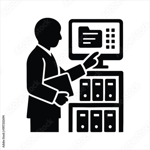 silhouette of a businessman emphasizes digital file management icon