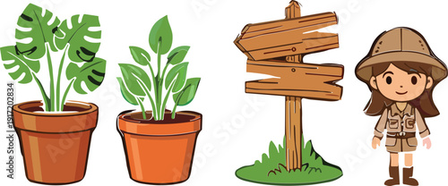Cartoon potted plants wooden direction sign and explorer girl vector illustration nature adventure design set