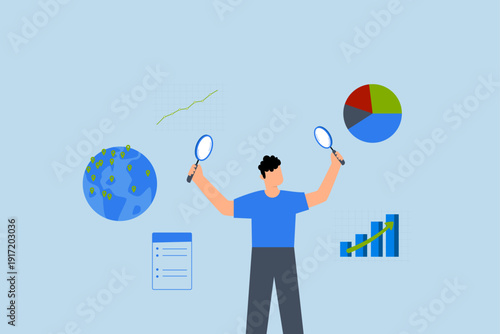 Business analysis, The intelligent businessman analyst is examining graph and chart with a magnifying glass