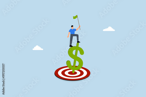 Achieve financial goal, Successful entrepreneur proudly waving victory flag on top of target made of dollar bills