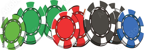 Casino poker chips stack collection colorful gambling tokens cartoon vector illustration isolated game design elements set