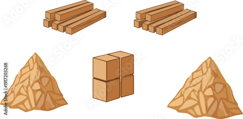 Construction materials collection vector illustration with wooden planks sand pile and cardboard boxes isolated set