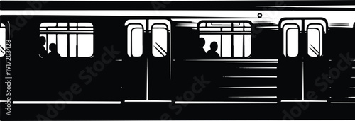 Silhouetted people inside a train viewed from outside through its doors and windows