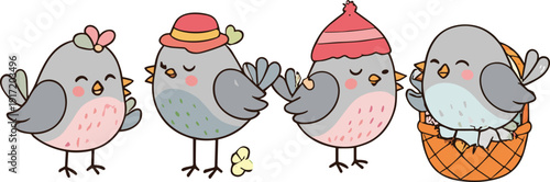 Cute cartoon bird characters collection with hats and basket vector illustration adorable animal mascot set