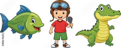 Cute cartoon characters set featuring green fish pilot boy with microphone and friendly crocodile vector illustration