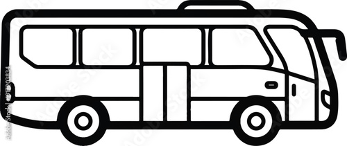 Simple black and white illustration of a bus viewed from the side with open door and visible windows