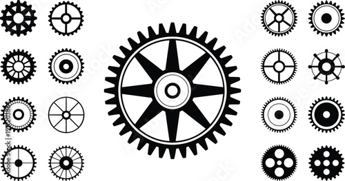 Large black and white gear surrounded by smaller gears