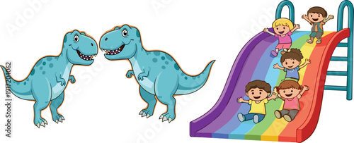 Cute dinosaur characters and happy kids sliding on rainbow playground slide vector illustration collection set