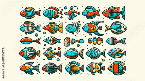 Set of funny cartoon sea animals and fishes in colorful vector illustration design