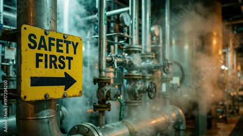 Wallpaper Mural Yellow Safety First sign on industrial piping with steam, highlighting occupational health and safety in a factory environment. Torontodigital.ca