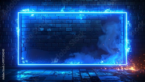 A blue neon-lit rectangular frame on a brick wall with smoke