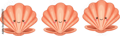 Cute seashell mascot character collection smiling shell cartoon vector illustration marine animal design set