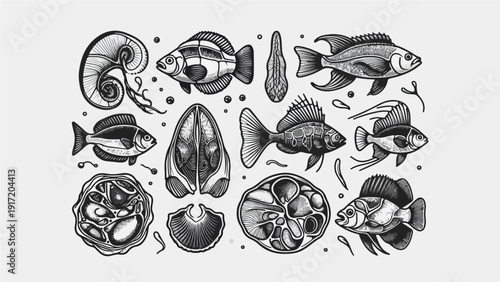 Hand drawn vector illustration set of seashell and octopus with decorative vintage ocean elements