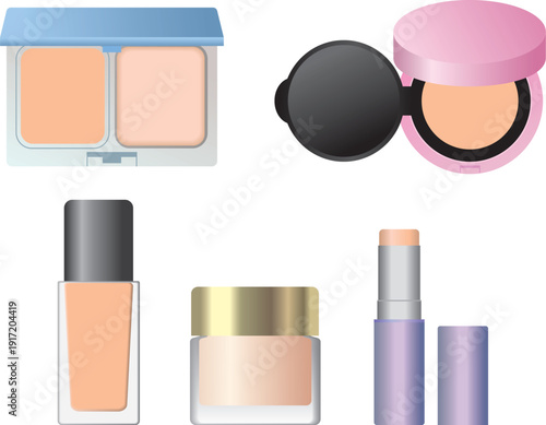 ファンデーションの種類セット（パウダー・クッション・リキッド・クリーム・スティック）カラフルタイプ