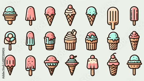 Ice cream set with cones and desserts on white background