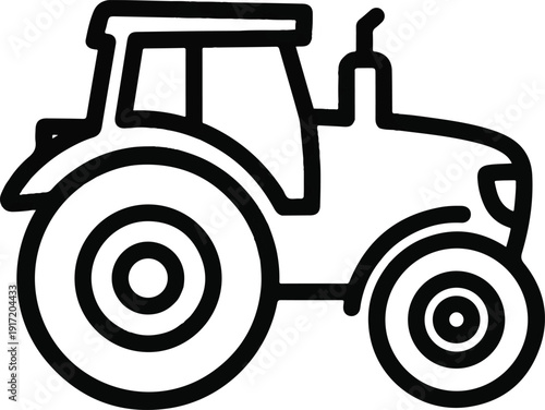 Tractor illustration viewed from the side showcasing farm machinery in a simple graphic style