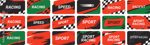 Racing and Sport Themed Badges with Checkered Patterns and Bold Text