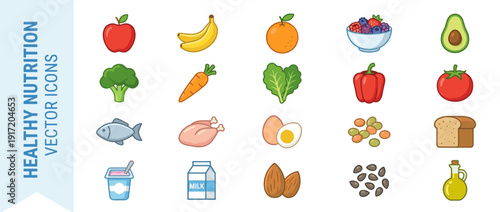 Healthy Nutrition Vector Icon Set with 20 Flat Design Food Items Including Fruits, Vegetables, Protein, Dairy, and Grains for Diet, Wellness, and Balanced Eating Lifestyle Graphic Illustration.
