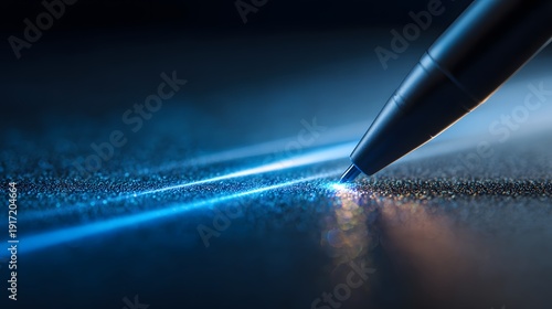 Close up of a pen drawing a glowing blue line on a dark surface.