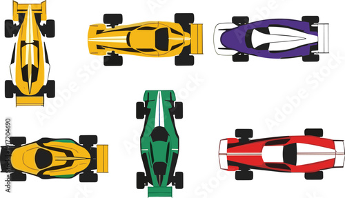 Formula racing car top view collection vector illustration colorful race vehicle isolated design set