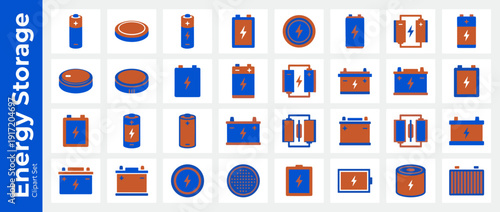 Comprehensive vector icon set of 30 energy storage batteries and cells in a flat design duotone color scheme. Includes car batteries, button cells, alkaline batteries, and rechargeable power units.