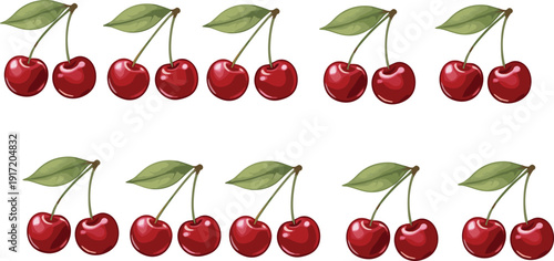 Fresh red cherry fruit seamless pattern with green leaves cute cartoon vector illustration for food design