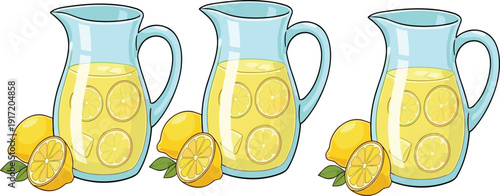 Fresh lemonade pitcher collection vector illustration with lemon slices and glass jug isolated summer drink design